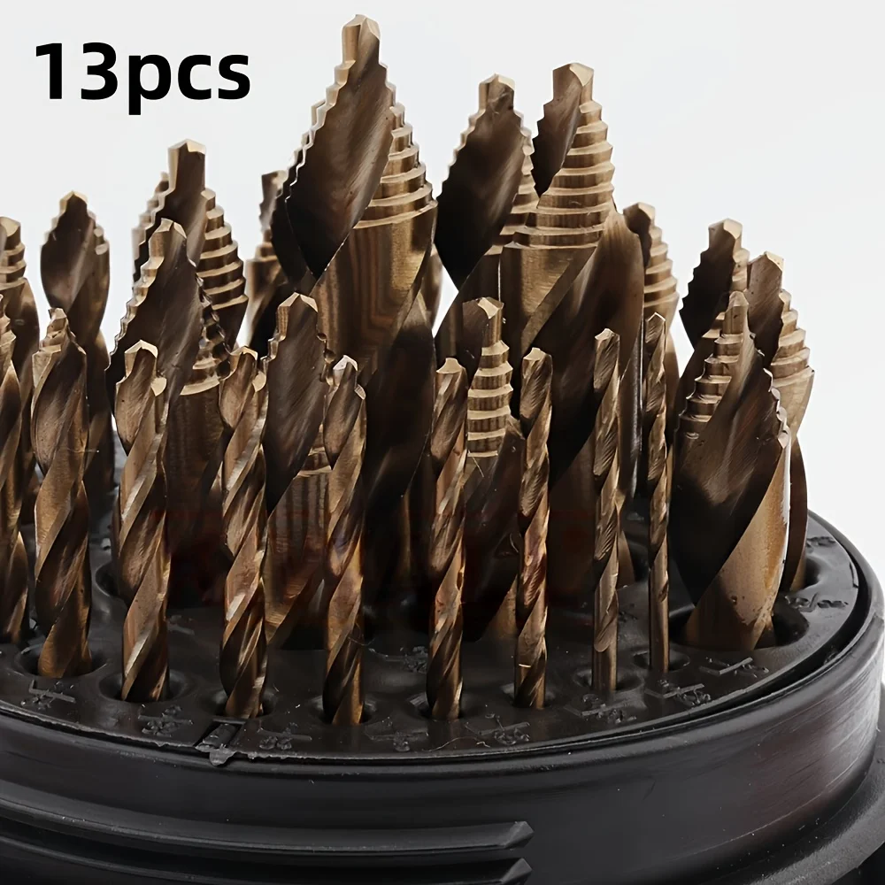 

13Pcs Step Drill Bit Set 1-6.5mm With Gold Oxide Coating, Professional For Stainless Steel & Hard Metal