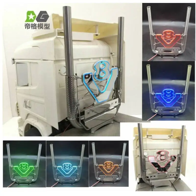 LED V8 LOGO Exhaust Chimney For Tamiya 1/14 RC Truck 770s 56379 56368 V8 Logo Light Smoke Pipe 1/14 RC Tractor Trailer Parts