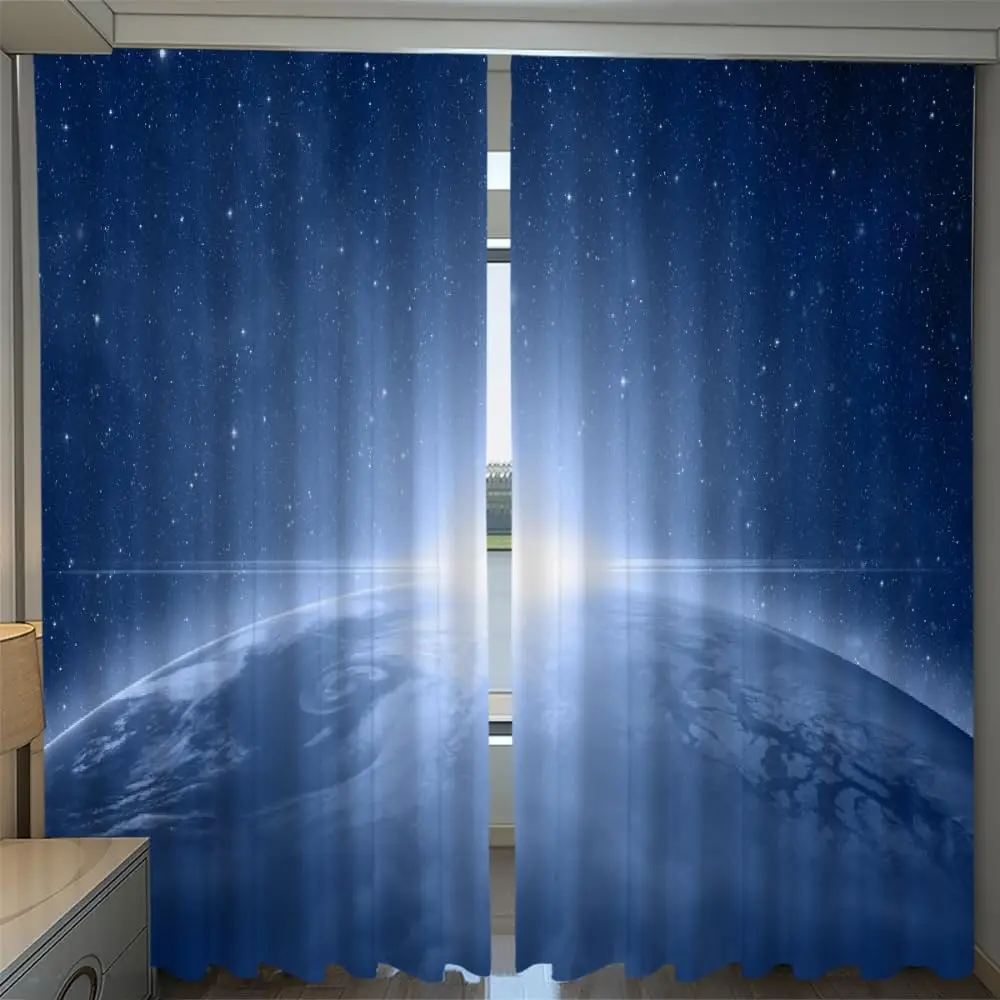 Space Planet Surface 3D Pattern Curtains,Shining Starry Sky Print 2 Panels Drapes Set, Noise Reducing Grommet Drapes for Bedroom