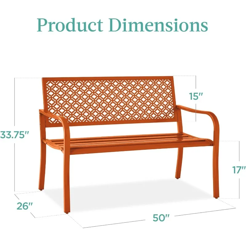 Outdoor Bench 2-Person Metal Steel Benches Furniture for Garden, Patio, Porch, Entryway w/Geometric Backrest