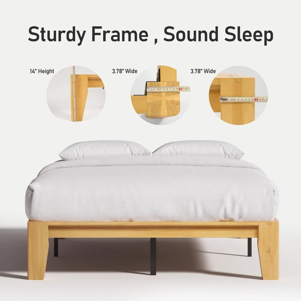 Wood Queen Platform Bed Frame, Premium Solid Wood, Sturdy Structure, 3.78” Thickened & 14” Height Legs, Customized