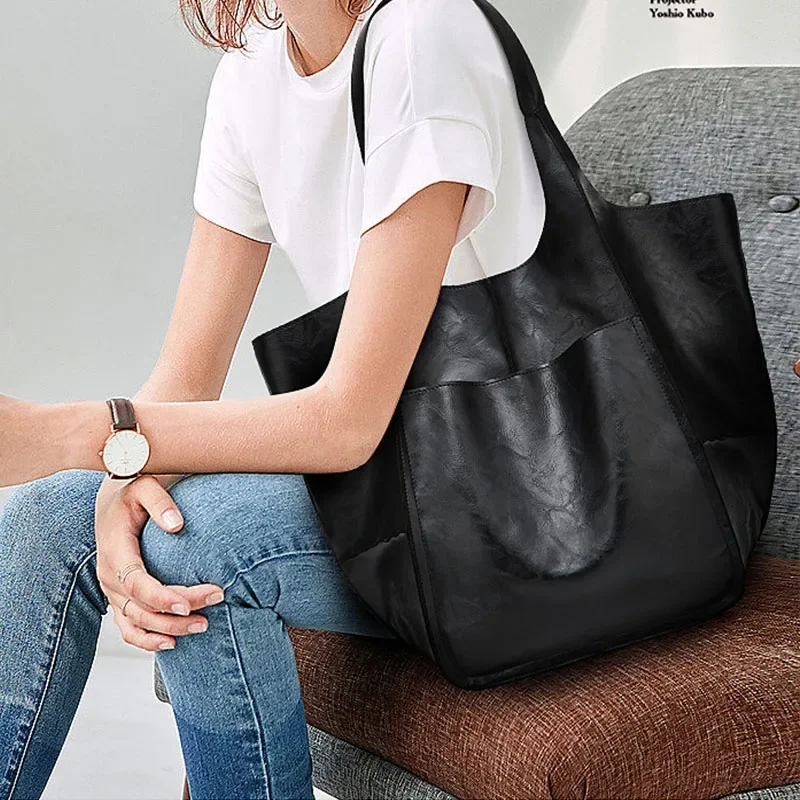 New Tote Bags For Women Soft PU Leather Handbag Simple Vintage Pure Color Handle Bag Large Capacity Portable Single Shoulder Bag