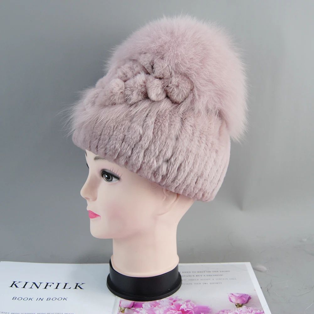 New Russian Female Fur Headgear Brand Luxury Warm Beanies Cap Fashion Women Fur Hat For Winter Natural Rex Rabbit Fox Fur Cap