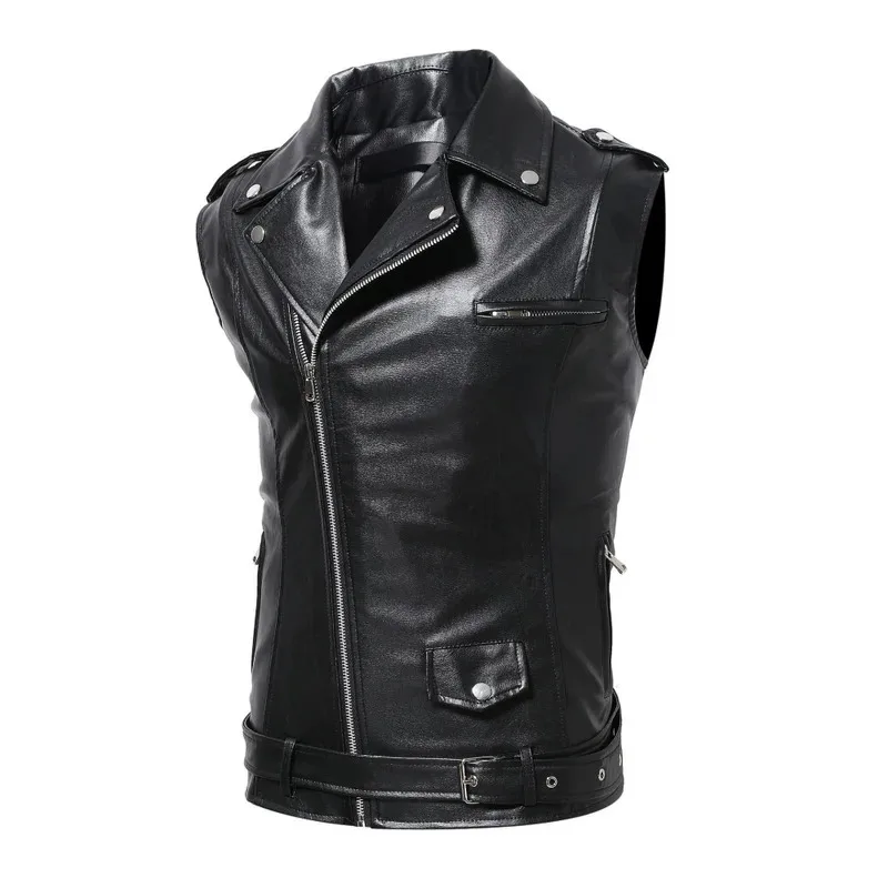 Men Vest Black Biker Motorcycle Hip Hop Waistcoat Male Leather Punk Zipper Sleeveless Leather Vest Slim Casual Black Vest