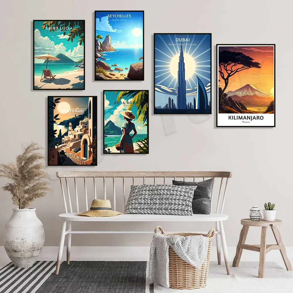 Dubai, La Rochelle, Paris, Ibiza, Niagara Falls, Tahiti, Santorini, Caribbean Sea, Indian Ocean, Mount Kilimanjaro travel poster