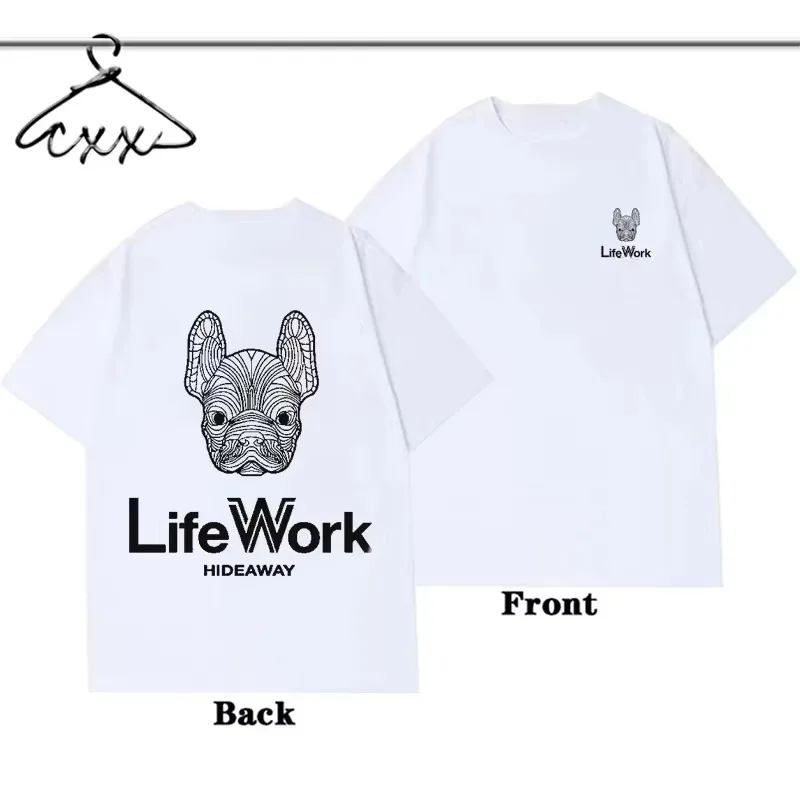 2026 new Men Geometric French Bulldog Print Short Sleeve T-shirt Casual White Crew Neck Tee