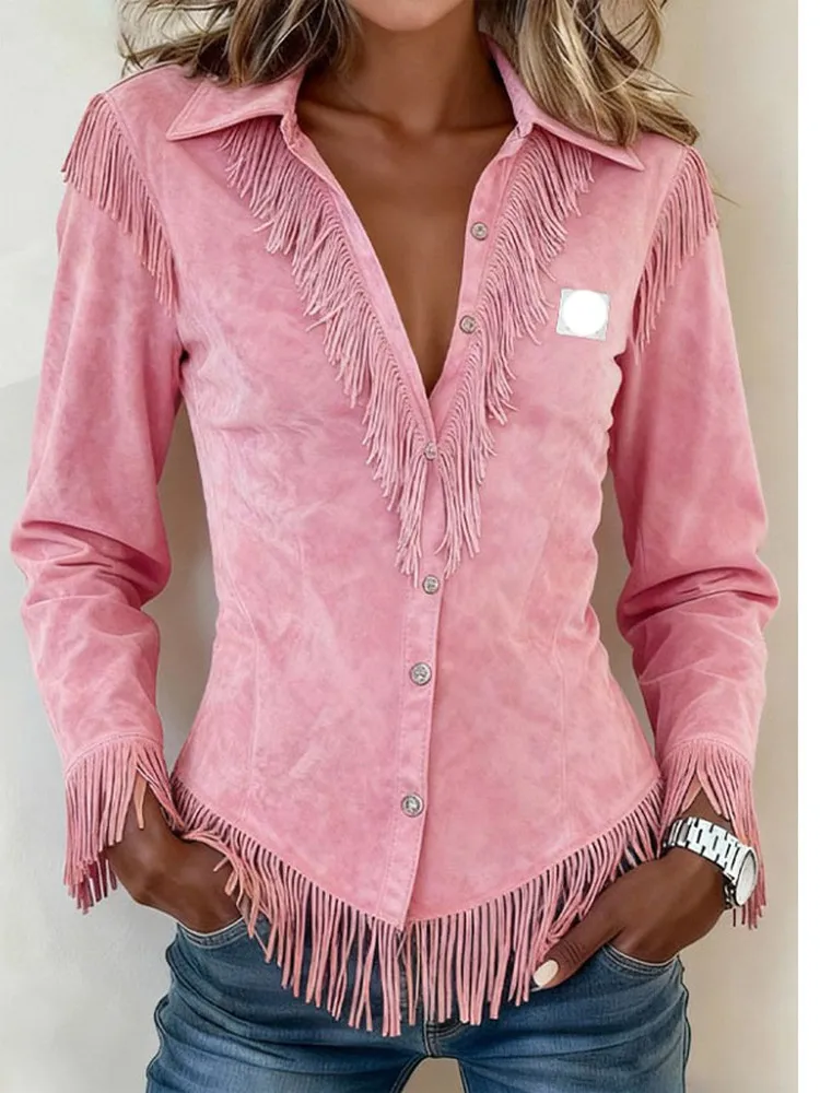 

Slim Fit Long Sleeve Suede Fringe Western Cowboy Style Women's Shirt Jacket Spring 2026 Regular Thickness Polyvinyl Alcohol F...