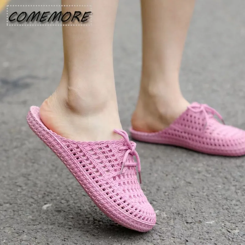 Summer Women Slippers Mules Shoes Woman Closed Toe Breathable Flip Flops Hollow Light Lace Up Outdoor Flats Sandals Beach Slides