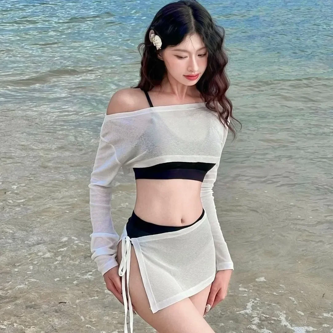 Novo conjunto de 4 peças maiô feminino cintura alta biquíni sexy com saias manga longa branco cobrir praia maiô coreano