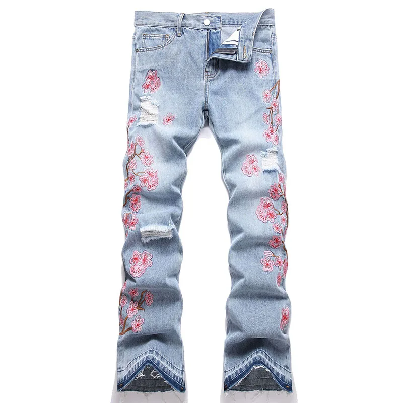 

New Men Flared Jeans Plum Blossom Embroidery Straight Denim Pants Streetwear High Street Mid Waist Men Bootcut Jeans pantalon