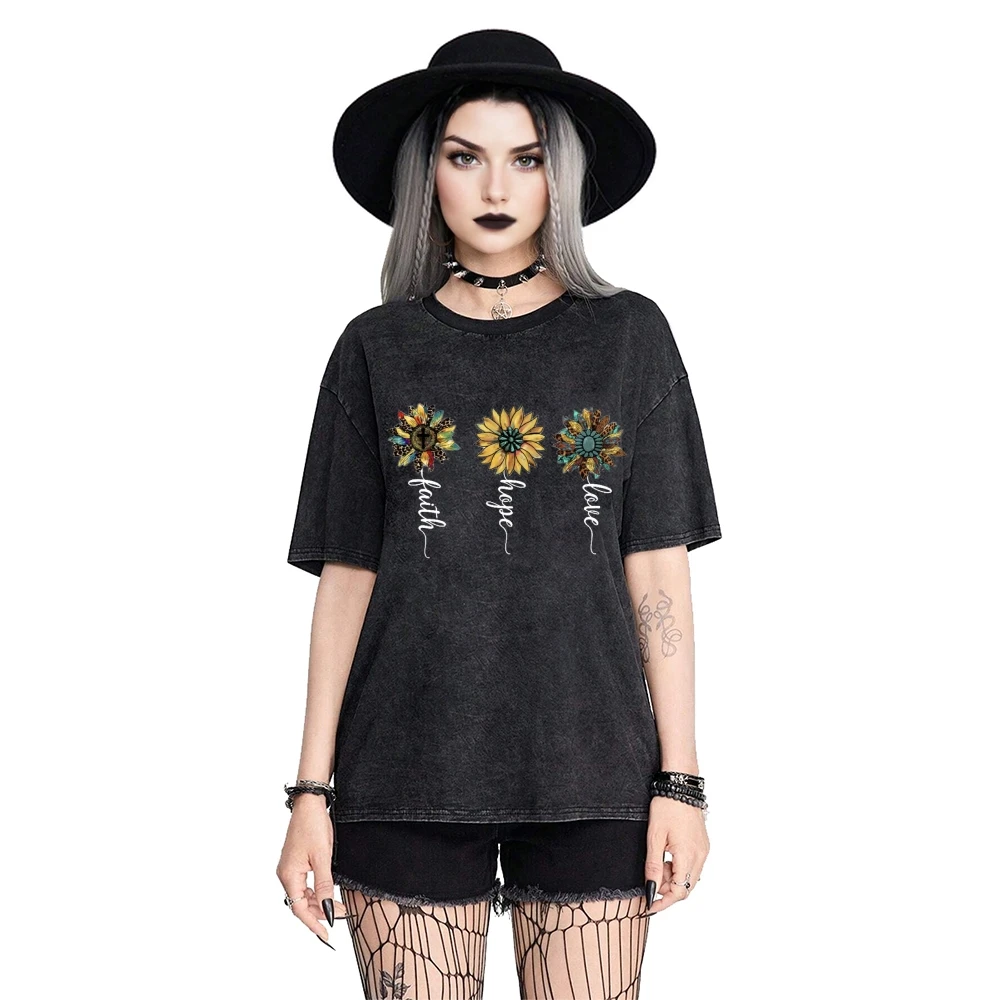 

Vintage Y2K Faith Hope Love Sunflower Graphic T Shirt Unisex Acid Wash Oversized Tee Women Men Boho Casual Fashion Streetwear
