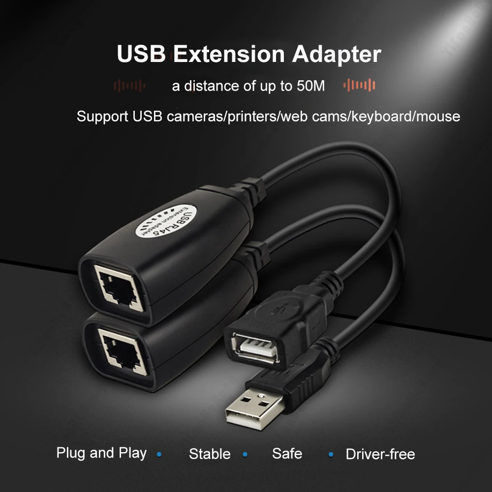 2Pcs USB UTP Extender Adapter Over Single RJ45 Ethernet CAT5E 6 Cable Up to 150ft Patch Cord Black Networking Accessories