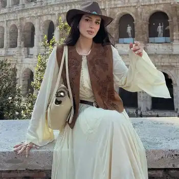 Etnisk blommig applikation broderad västkappa för kvinnor jacka casual mocka ärmlös jacka höst vår outfit damjackor 10 best sales Floral vest - №1