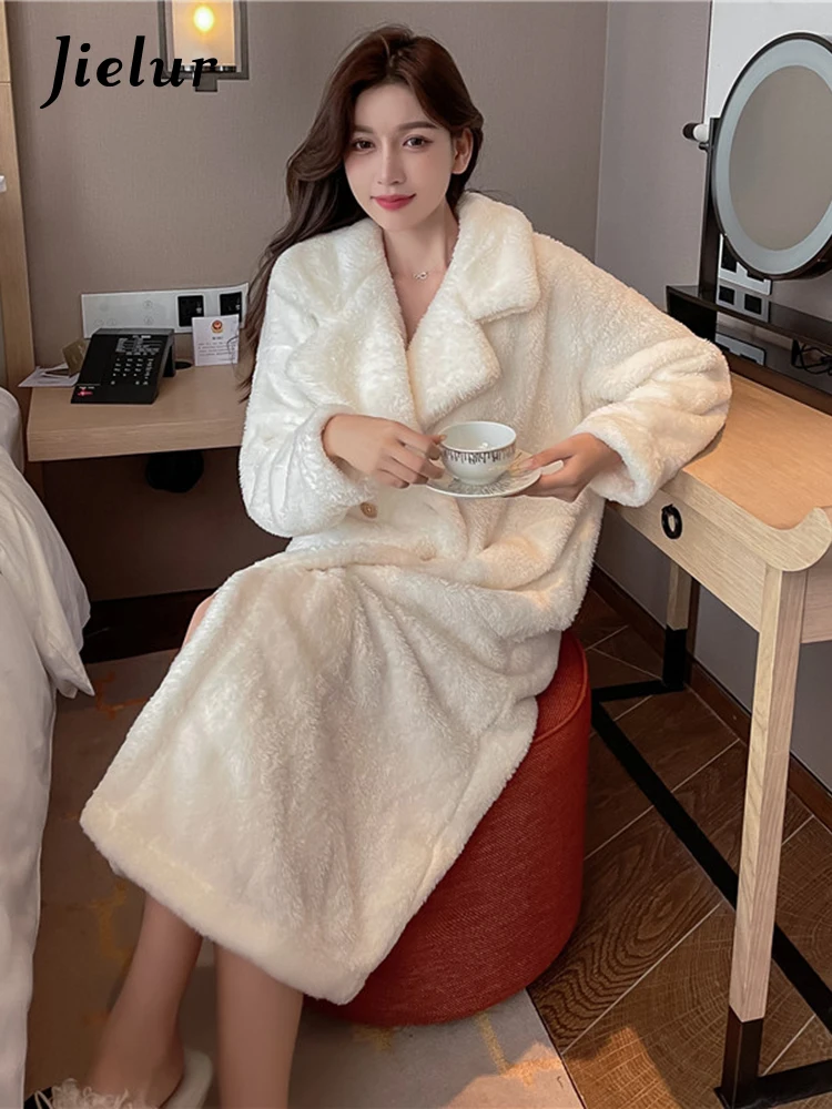 Jielur Coral Velvet Robe Women New Thickened Warm Lovely Solid Color Pajamas Autumn Winter White Bathrobe Woman Home Clothes