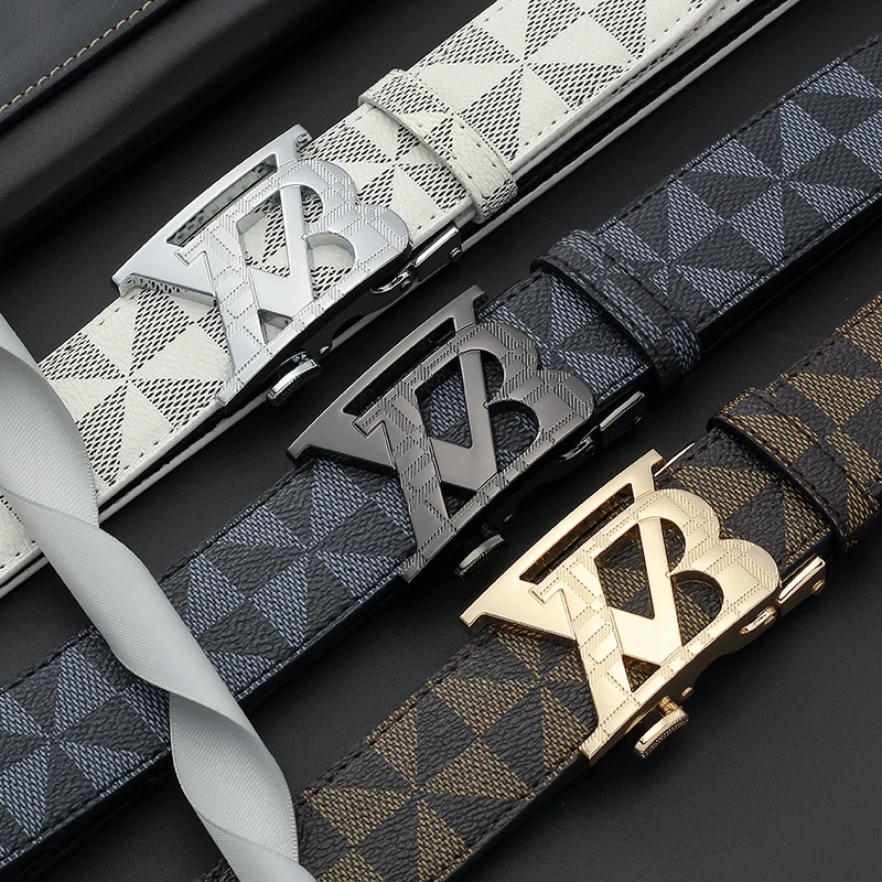 Luxury Designer Men Leather Belt Triangle Print Automatic Buckle Business Casual Waist Belt Male Fashion Brand Strap