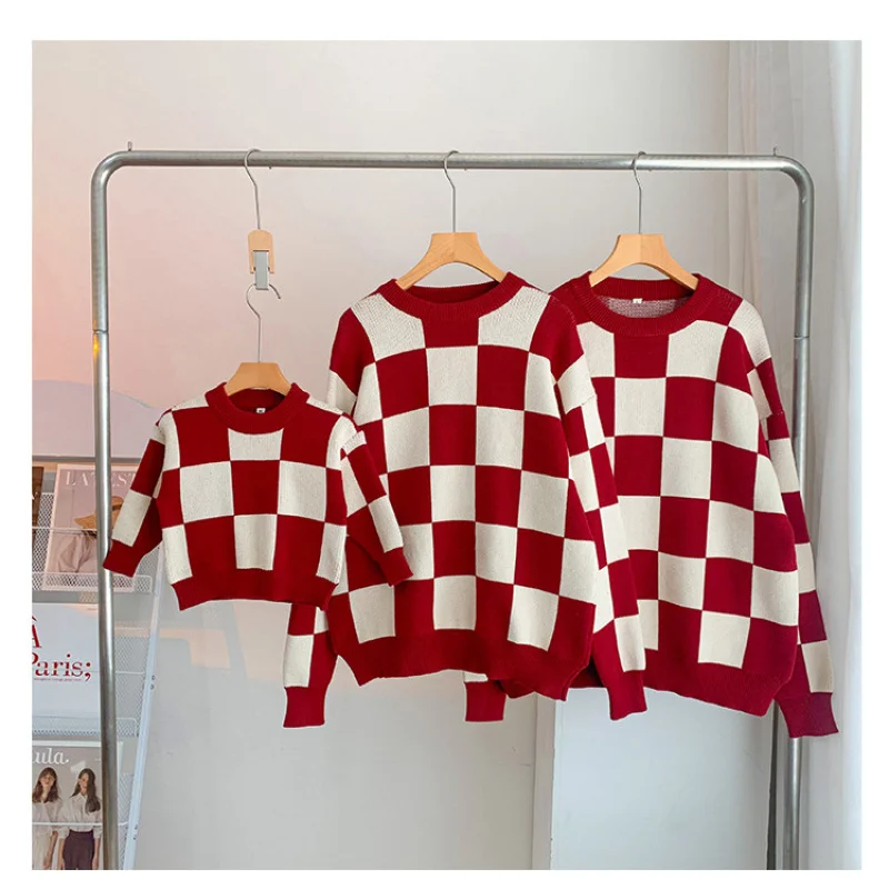 Family of Four Tops Clothing 2025 New Dad Mom Daughter Son Checkerboard Plaid Sweater for Adult Kids Matching Clothes Outfits