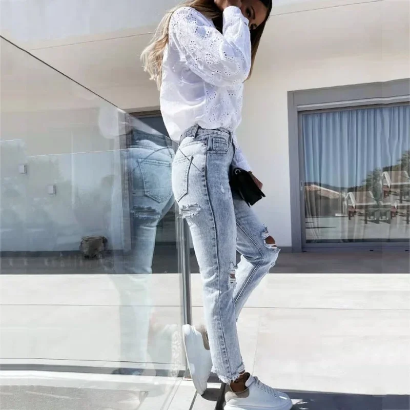 Women Button High Waist Pocket Elastic Hole Pants 2024 Ladies Ripped Stretch Slim Fit Jean Trousers Casual Denim Pant Streetwear