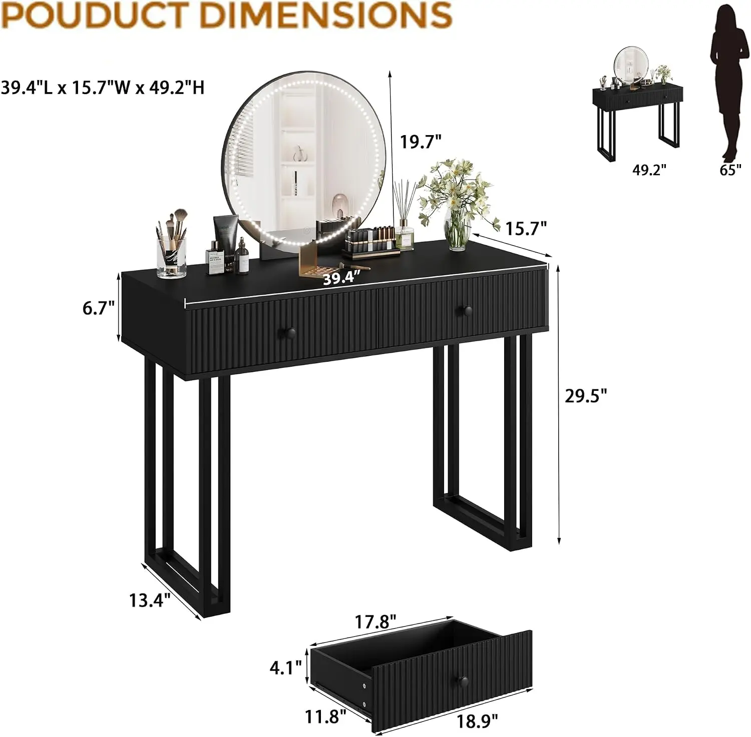 Garvee Modern Black Makeup Vanity Desk with Mirror and Lights, Vanity Table with 3 Color Adjustable Brightness, 2 Drawers for Bedroom Dressing Room