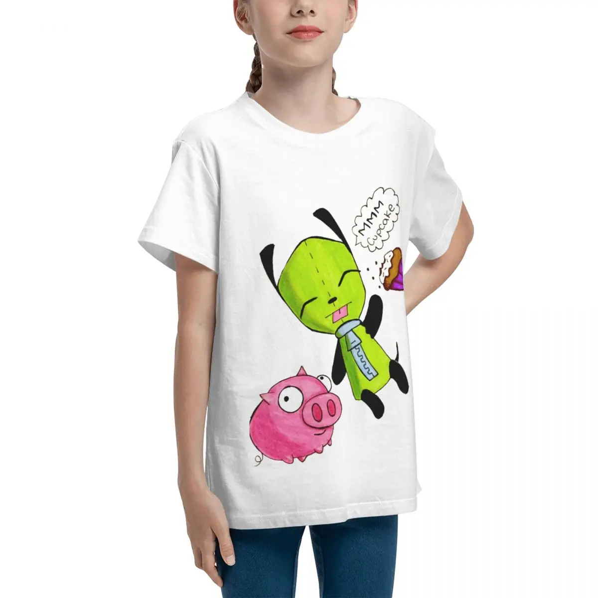 Teeanger Basic Short Sleeve T-Shirt Gir With His Pig And Cupcake For Sa RetroHigh grade T-shirts Classic Casual Adolescents