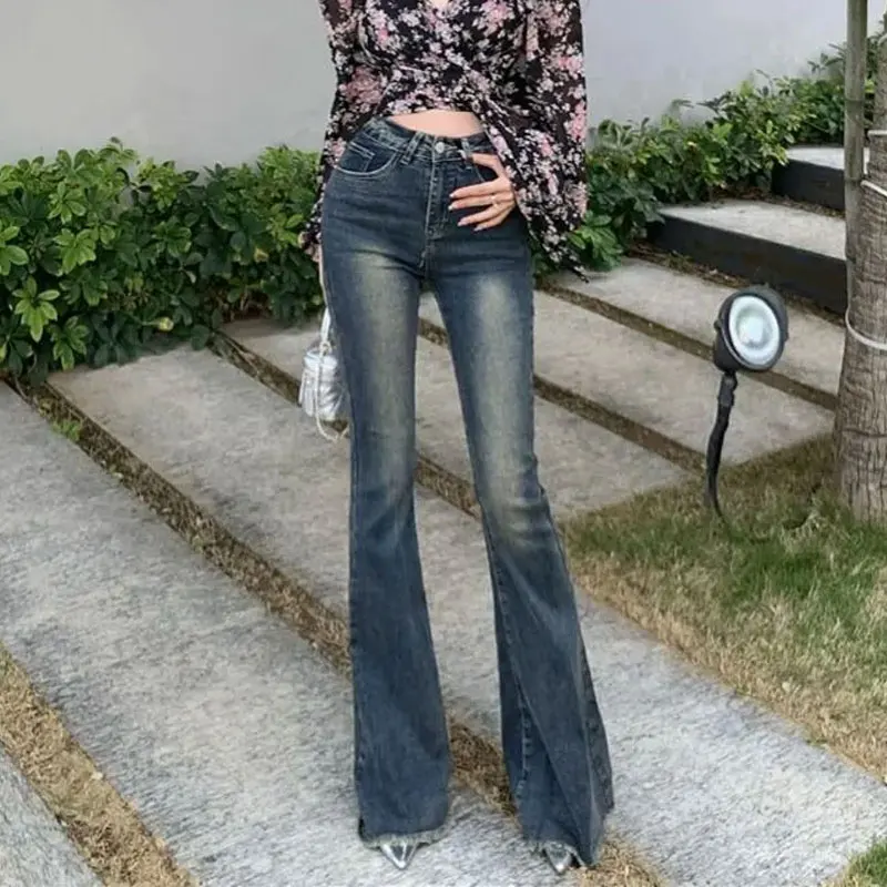 Women Vintage Gradient Whisker Flare Jeans High Waist Slim Fit Raw Hem Trousers Autumn Winter Split Hem Long Bootcut Denim Pants