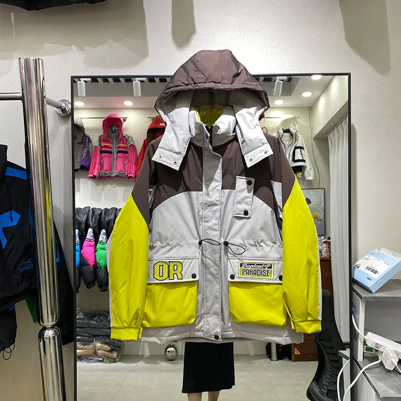 Unisex couple's winter down jacket trendy embroidery letter splicing contrasting color drawstring waist cinching jacket