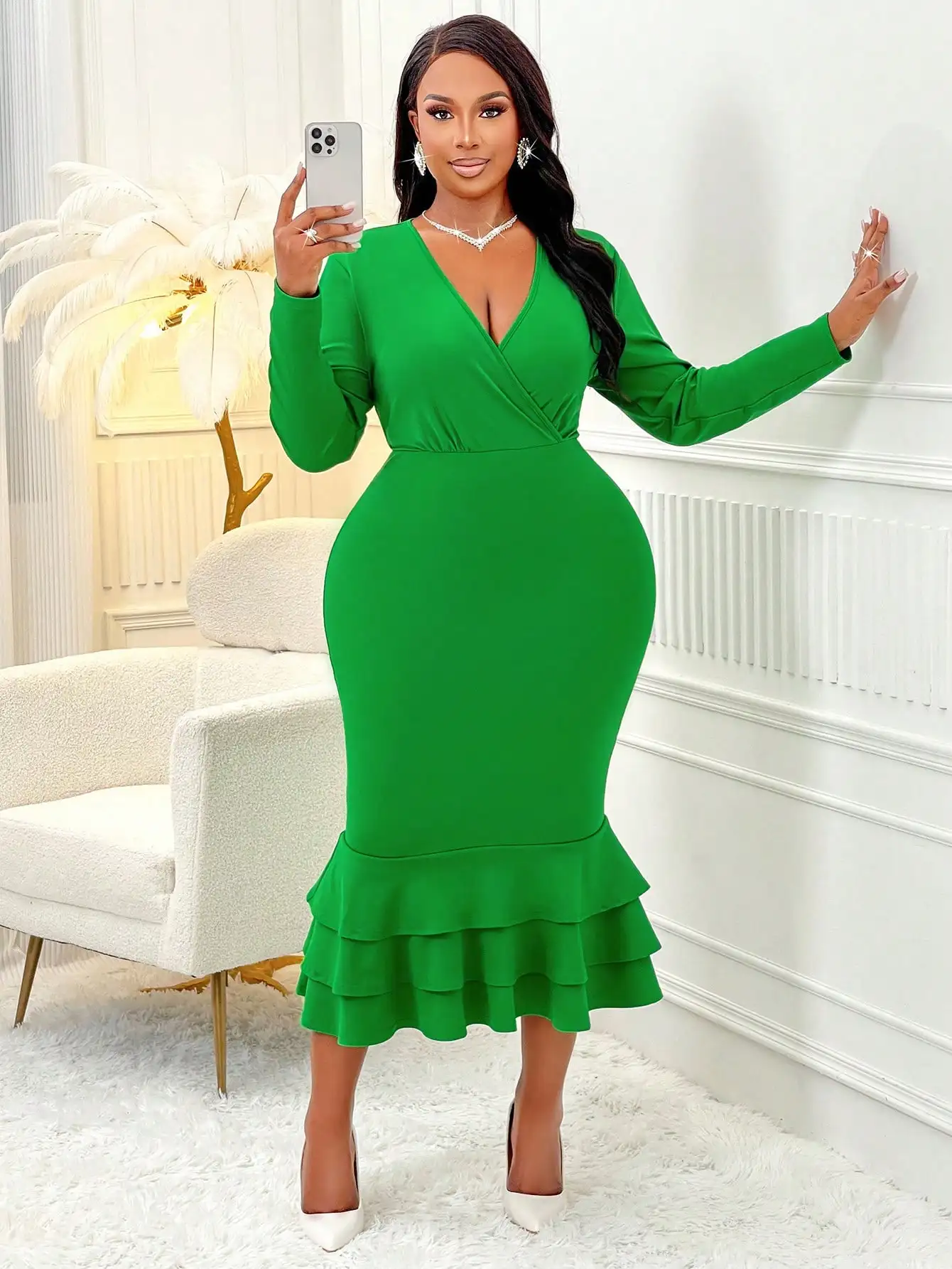 

Plus Size Deep V-Neck Bodycon Ruffle Hem Dress For Women