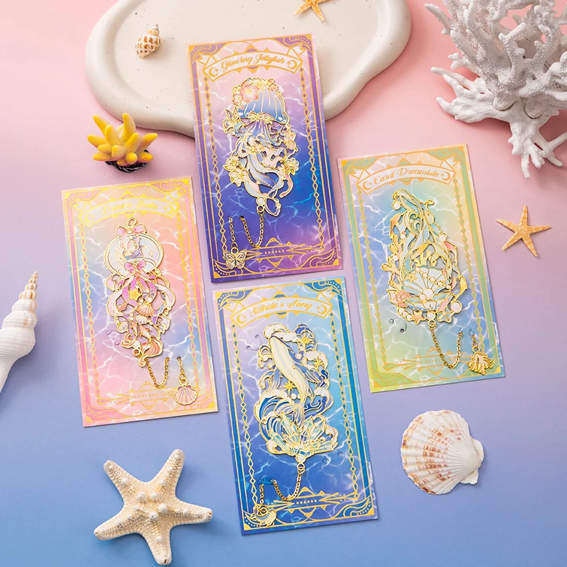 1Pc Marine Animals Metal Bookmarks with Chain Tassel Hollow Gifts Rustproof Planner Accessories Shell Starfish Design Bookmark