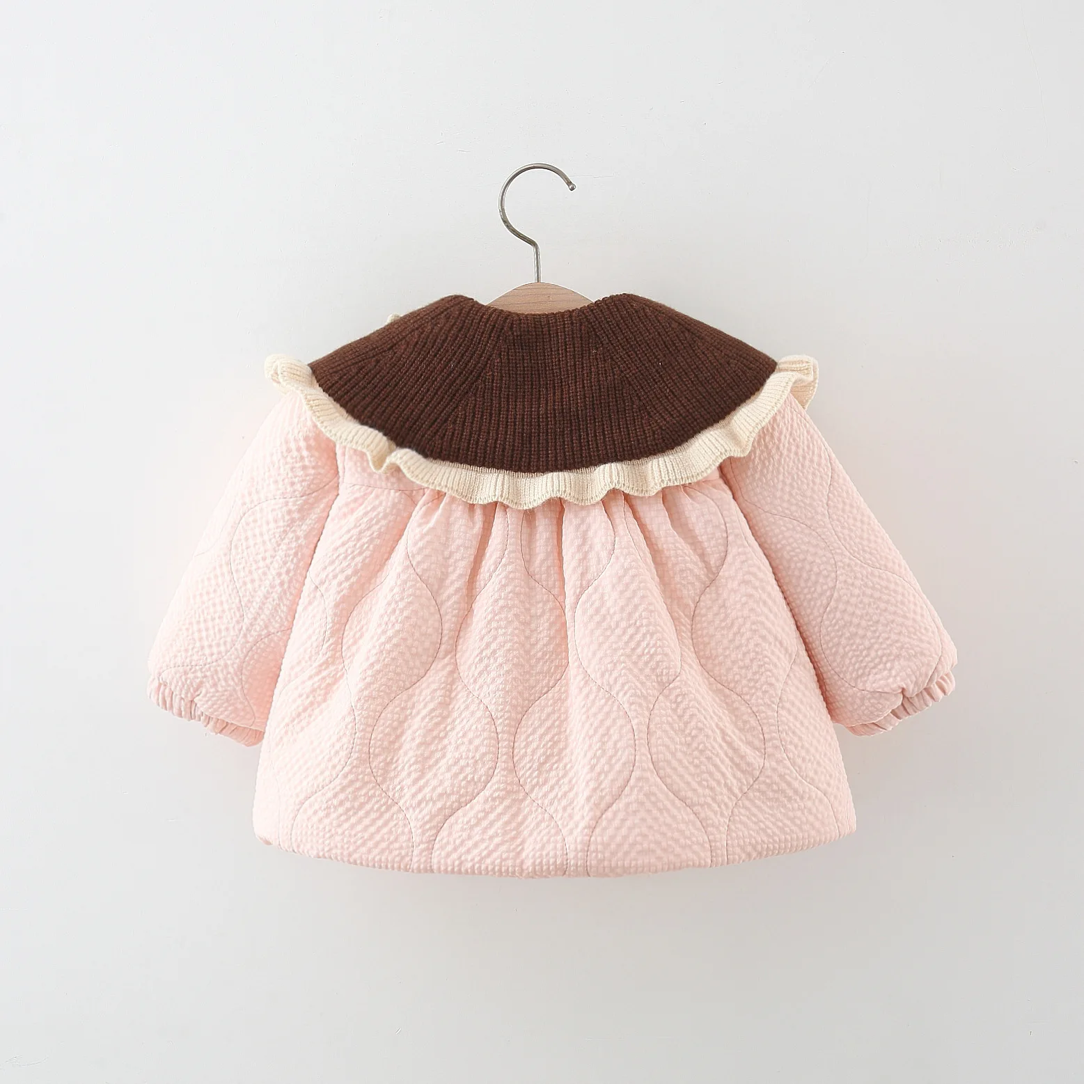 Winter New Brown Collar Baby Girl Coat, Sweet Bow Pocket Children\'S Long Sleeved Clothes For 9 Months To 3 Years Old