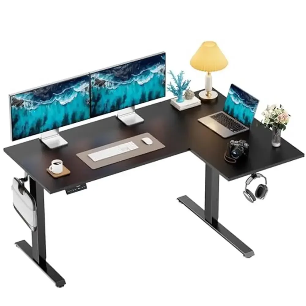 63x40 inch Dual Motor L-Shaped Standing Desk Cable Management Tray Height Adjustable Corner Computer Desk with Storage Hooks