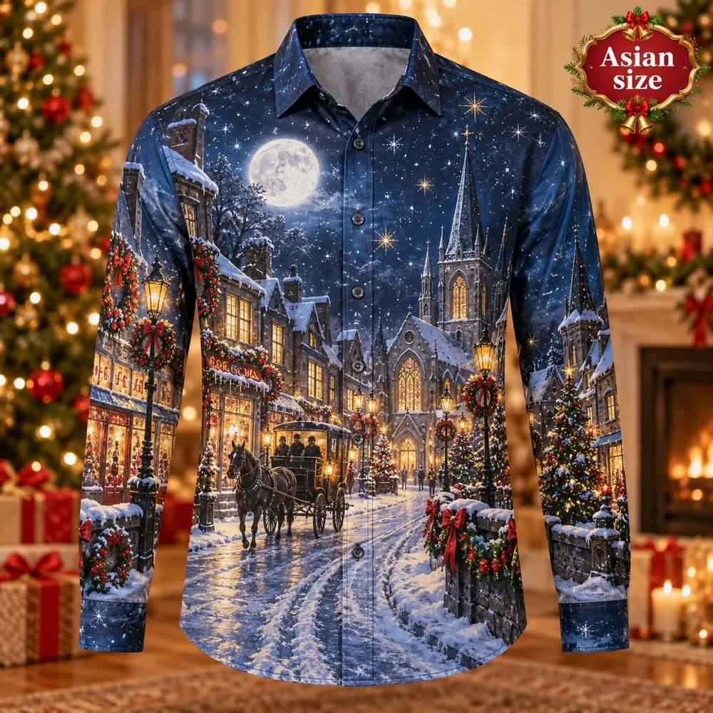 New Victorian Christmas Long Sleeve Button Down Shirt for Men 3D Print Polyester Holiday Party Festive Graphic Winter Shirts