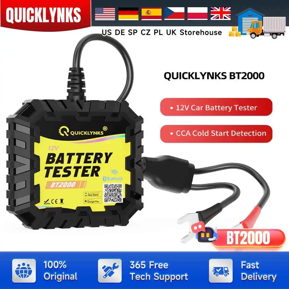 QUICKLYNKS BT2000 12V Battery Test Bluetooth Monitor Battery Cranking&Charging Test 100-2000 CCA for Android IOS PK BM200 PRO