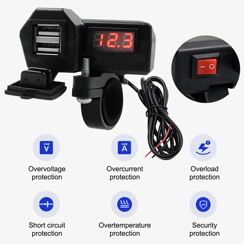 18W 3.1A Dual USB Motorcycle Phone Chargers USB Socket With Digital Voltmeter Waterproof Cover ON/OFF Switch 12-24V