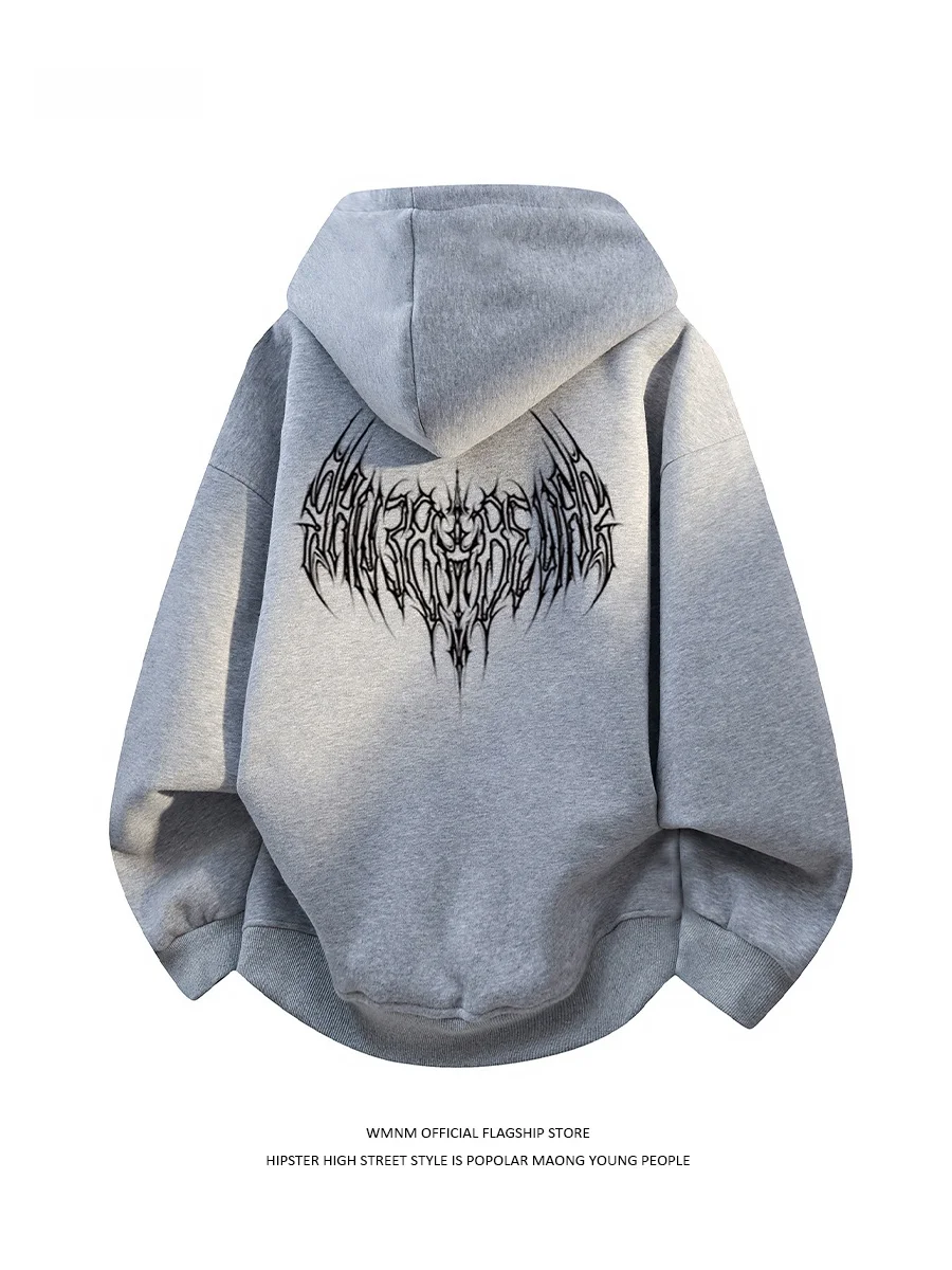 

American Sle Heavyweight ey Fce Lined Thiened Hoodie Men's Autumn Winter Zipper Design Loose Overhead Hoodie Jaet