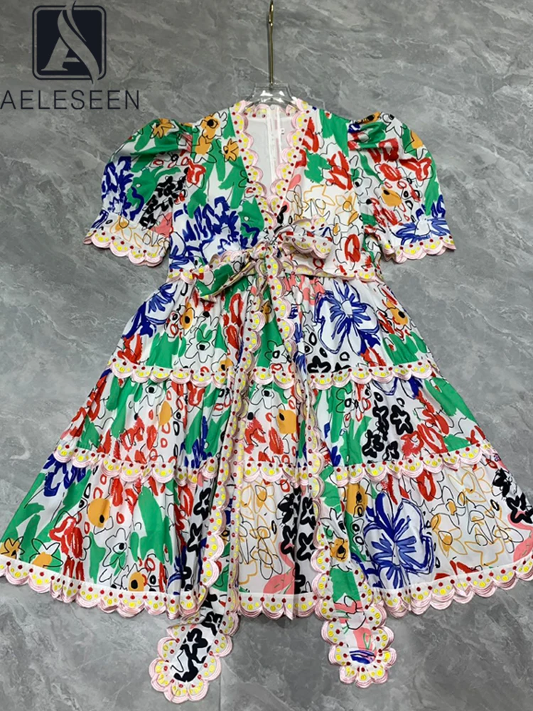 

AELESEEN Runway Fashion Summer Dress Women Sicily V-Neck Puff Sleeve Colorful Flower Print Wave Belt Loose Mini Casual Party