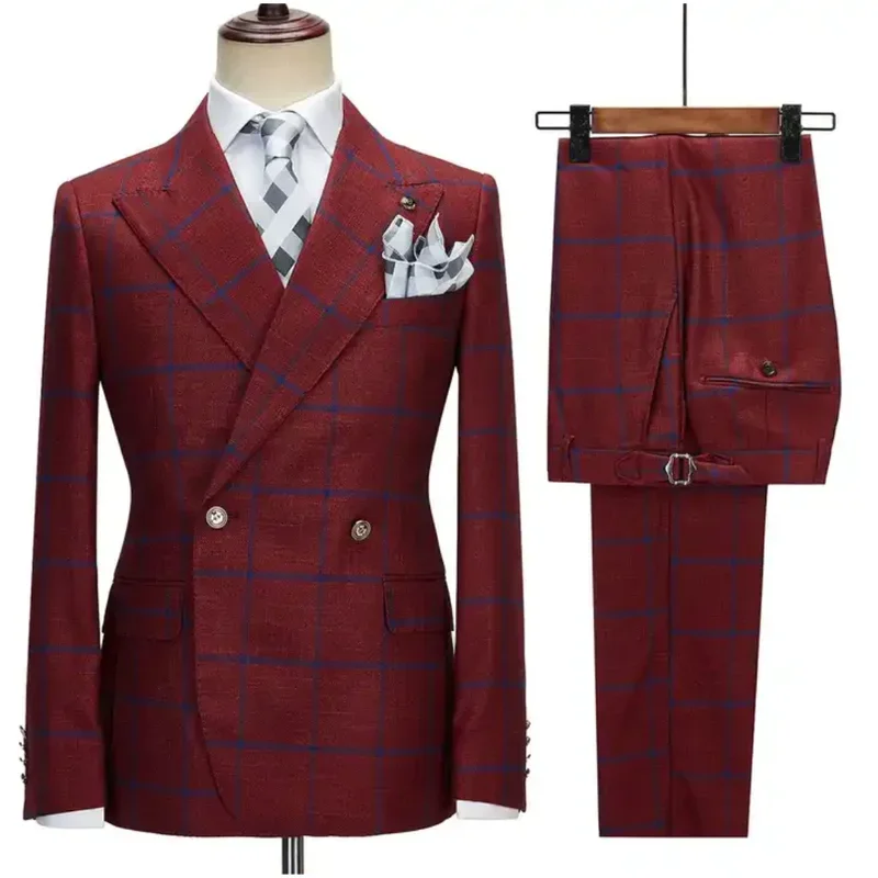 2 Pieces Luxury Check Plaid Men Suits Set Peaked Lapel Business Party Costume Homme Wedding Groom Tuxedos Dress Jacket Pants