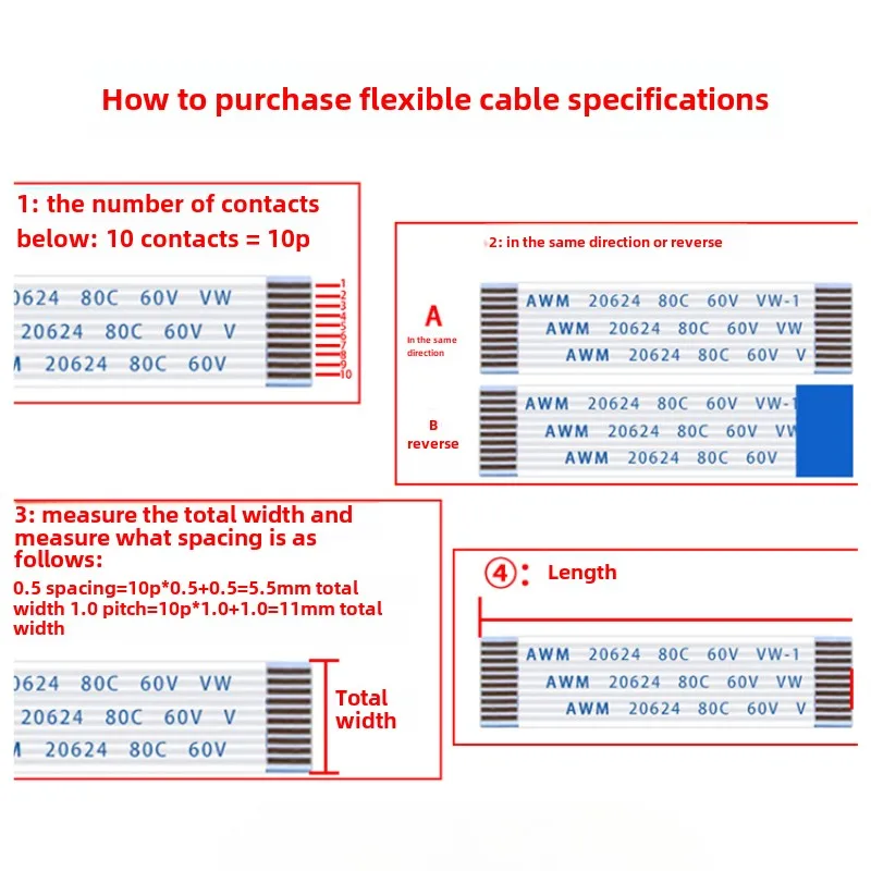 10PCS Flat Flexible Cable FFC FPC AWM 20624 80C 60V VW-1 FFC-0.5MM 4/5/6/8/10/12/14/16/18/20/22/24/26/30/32/34/36/40/45/50/60Pin