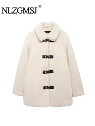 TRAF 2024 Winter Casual Chic Women Coat Solid Turn-down Collar Single Breasted Long Sleeve Thick Jackets Fashion Coat