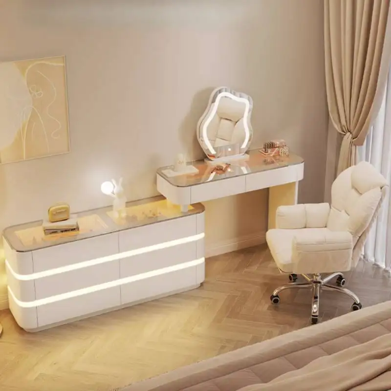 

Beige Glass Makeup Vanity Desk Simple European Mirror Wood Makeup Vanity Desk Modern Vintage Schminktisch Bedroom Furniture
