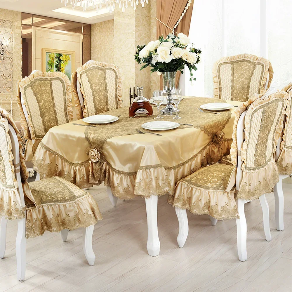 Noble luxury Brown Tablecloth European Embroidered  Lace Table Cloth Table Runner Comfortable Non-slip Chair Cover for Weding A1