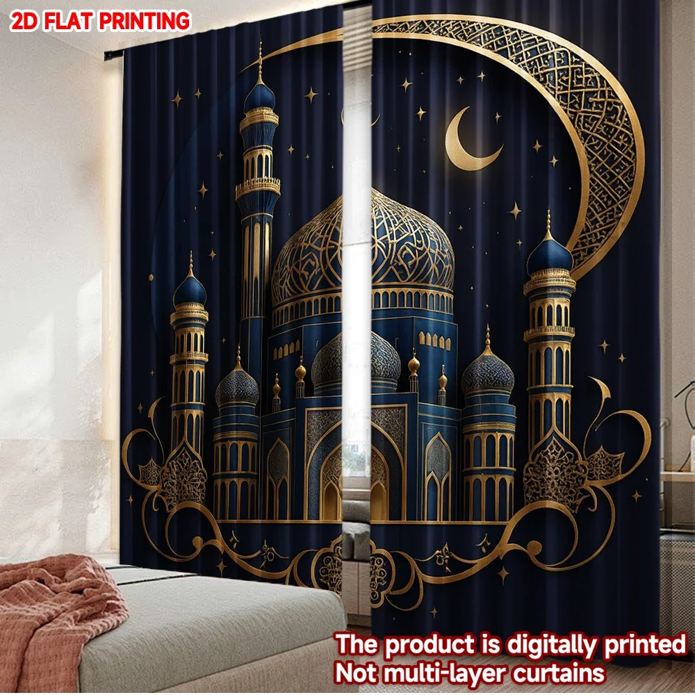 2D flat printing 2pcs Curtains Eid Crescent and Mosque Design Digital Printed Polyester Drapes Festive Curtains Perfect for Home