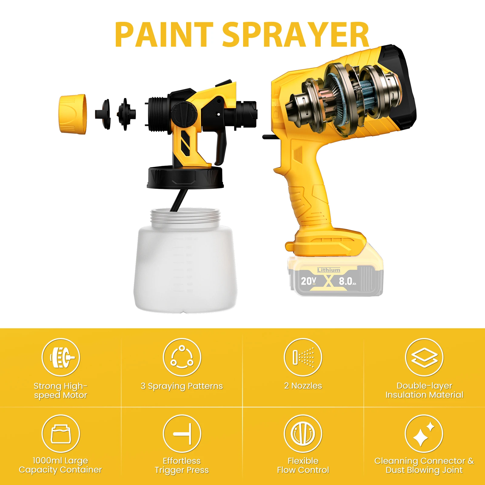 for Dewalt Electric Spray Gun 18V 20V Battery Coating Airbrush 800ML Paint Sprayer High Power with 2 Nozzles for Car Furniture