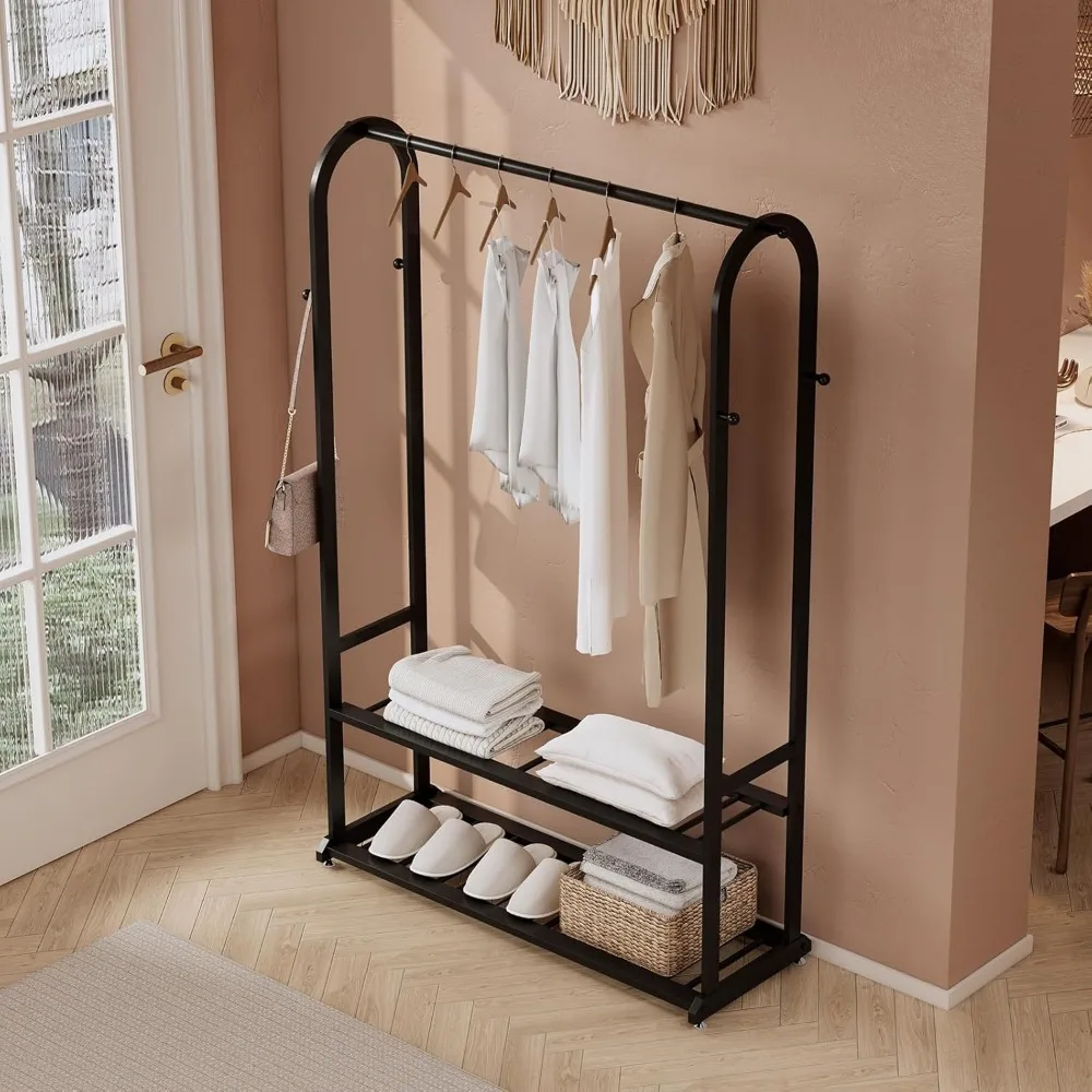 Heavy Duty Clothes Rack with Bottom Shelves & 6 side Hooks - Sturdy Metal Clothing Rack,Garment Racks for Hanging Clothes,can ke