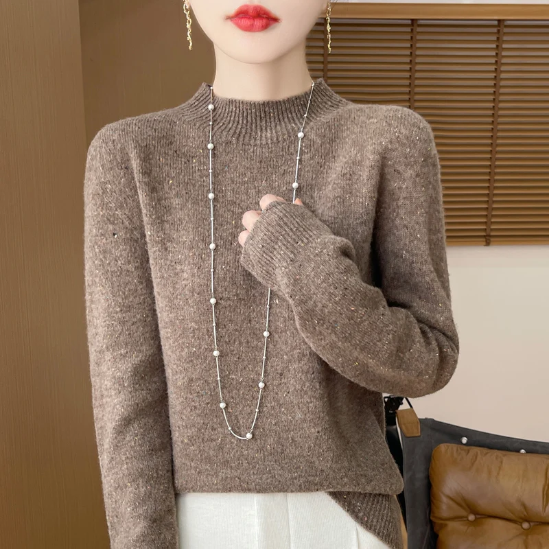 Half height collar Women sweater Long Sleeve Casual Top Knit Elegent Wool Dot yarn Knitwear Autumn Winter Mock Neck Pullover