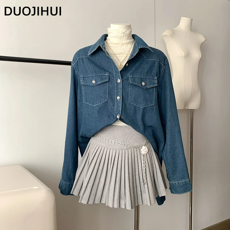 

DUOJIHUI Autumn Classic Casual Pure Color Female Shirt New Single Breasted Long Sleeve Vintage Blue Simple Fashion Women's Shirt