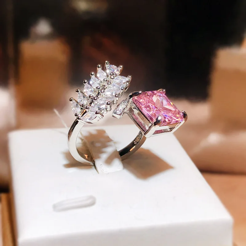 925 Silver New Fashion Raydean Ice Cut Ring Creative Feather Pink Diamond Opening Ring Party Birthday Jewelry Gift