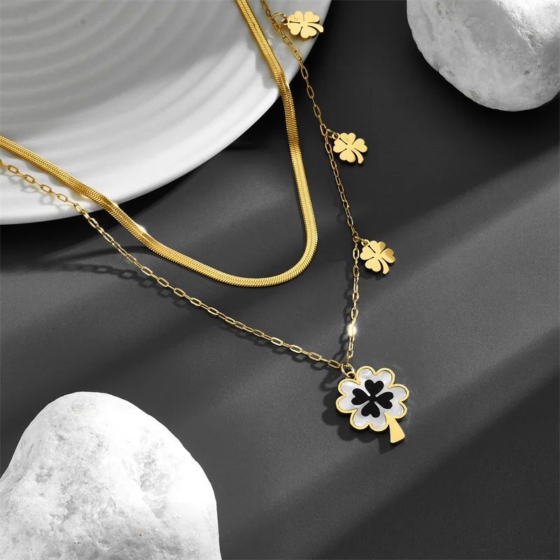 Heart Shaped Clover Titanium Steel Pendant Necklace/Earrings 18K Gold Plated Waterproof Non Allergic Jewelry for Women Girls