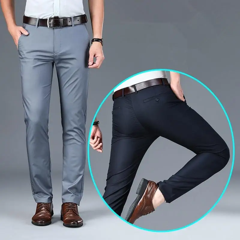 Men Pants Spring Summer Autumn Casual  Cotton Slim Straight  Long Business Suit  Pants Chinos Slacks Black Plus Size 29-40