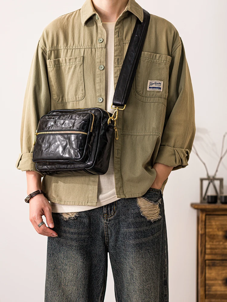 outdoor casual luxury handmade High-quality genuine leather men's crossbody bag vegetable tanned cowhide black shoulder bag