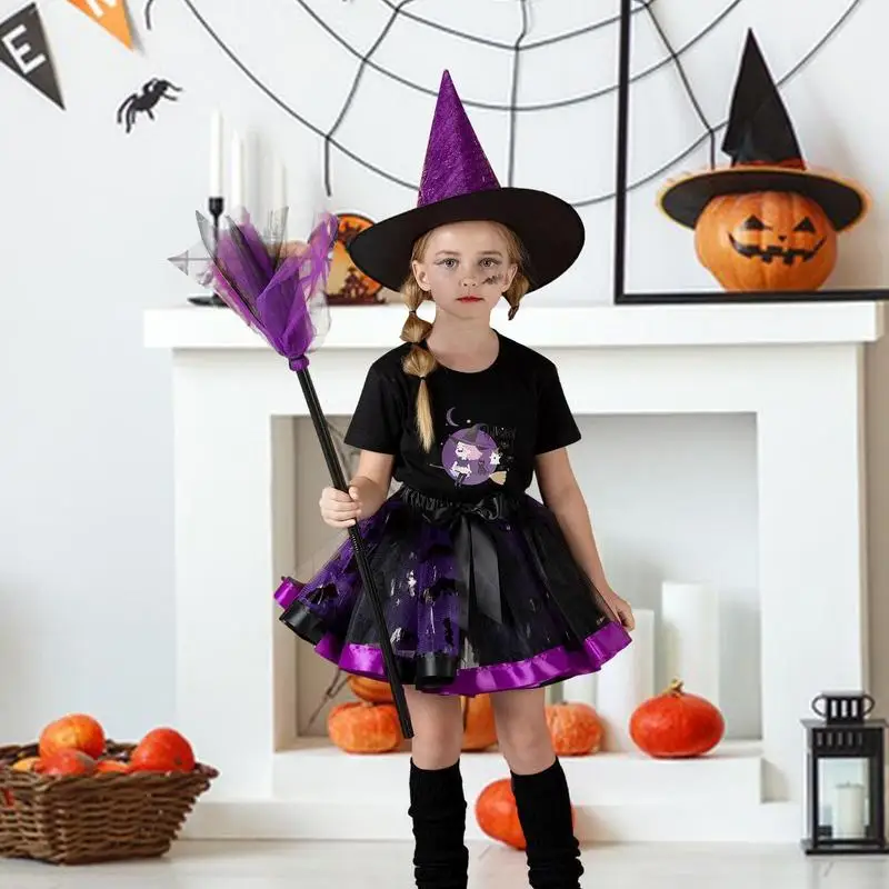 Halloween Kids Witch Costume Dress Up Outfit Tutu Hat Broom For Little Girls Kids Dress Up Witch Costume Elastic Practical Props