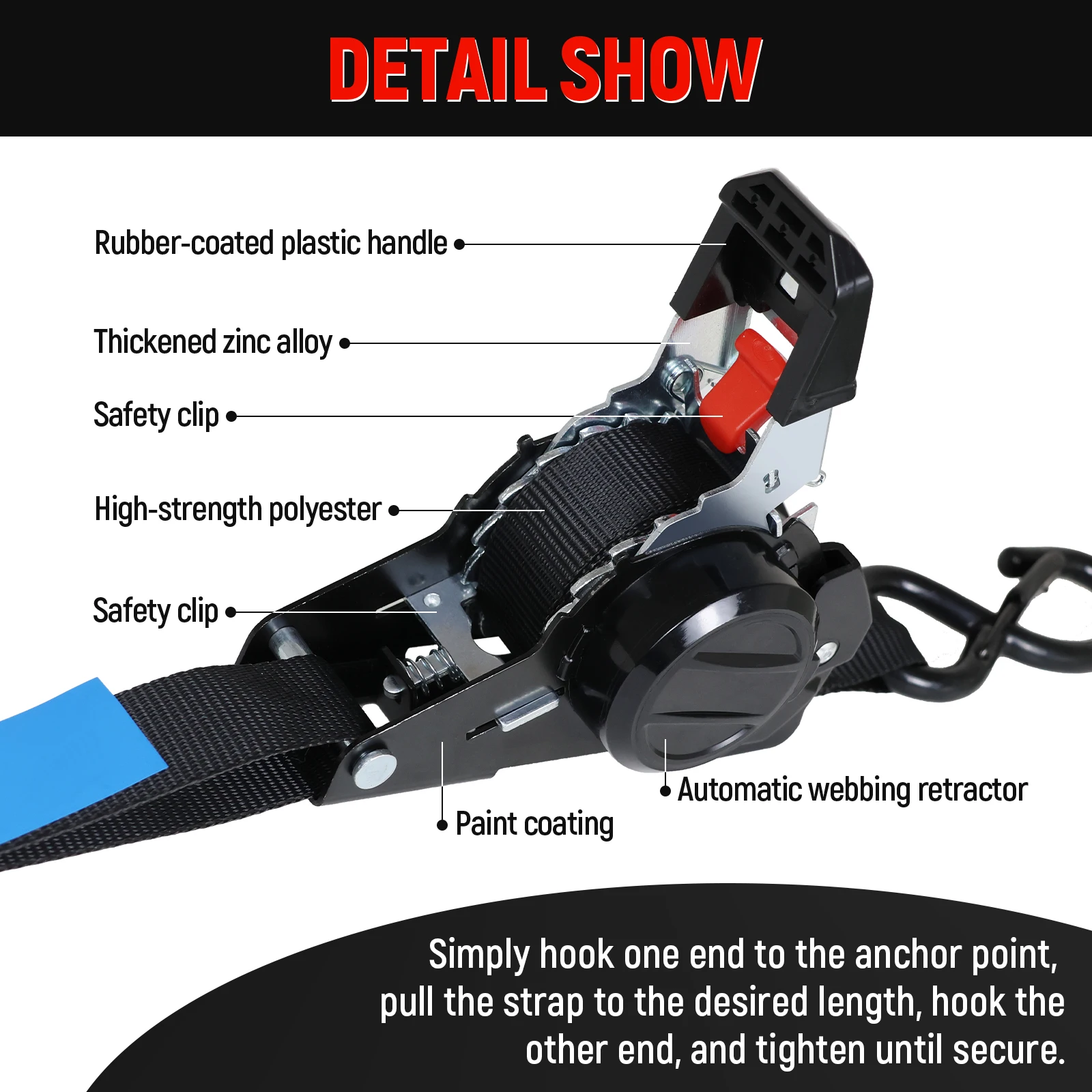 New Automatic Retractable Heavy Duty Ratchet Lashing Straps With S Hook Cargo Tie Down Belt Vehicle Truck Car Transport Fixing S